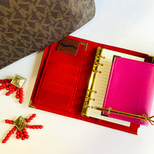 Load image into Gallery viewer, red pink a6 planner, personal planner, planner agenda, gale and co trinidad, made in trinidad and tobago, planner babe, luxury planners, planner accessories, faux leather planner, vegan leather brand, vegan leather planner, caribbean designer