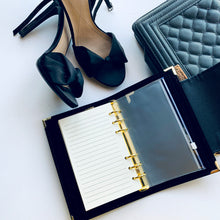 Carregar imagem no visualizador da galeria, black a6 planner, personal planner, plannerbabe, planner agenda, gale and co trinidad, made in trinidad and tobago, planner babe, luxury planners, planner accessories, faux leather planner, vegan leather brand, vegan leather planner, caribbean designer, stationery supplies, luxury stationery