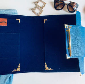 blue document carrier, faux leather document carrier, blue crocodile leather, gale and co trinidad, made in trinidad and tobago, office gifts, coworker gifts, cute gifts, luxury stationery, luxury planners, office supplies, desk organisation 